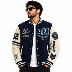 <b>Mens</b> Customizable Breathable 100% Wool Letter Graphic Varsity Bomber <b>Jacket</b> <b>Long</b> Sleeve Striped Trim Button Front Casual - Product Image 3