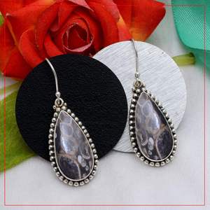 Classic Design <b>Solid</b> 925 Sterling <b>Silver</b> Natural Turritella Agate Gemstone Handmade Bohemian Drop <b>Earrings</b> for Women's Party - Product Image 3
