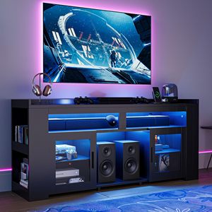 Mobile <span class=keywords><strong>TV</strong></span> Moderno Personalizzato <span class=keywords><strong>in</strong></span> Legno Nero, Unità di Intrattenimento per Home Theater, Consolle <span class=keywords><strong>TV</strong></span> LED con Ante <span class=keywords><strong>in</strong></span> Vetro, Arredamento per Soggiorno - Product Image 2