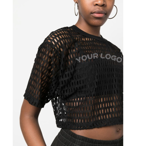 Camiseta de malla Sexy para chicas con logotipo personalizado de alta calidad, camiseta de gran tamaño Boxy Street Wear, camiseta de Hip Hop, camiseta de malla para mujer - Product Image 6