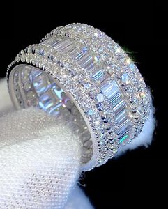 Anillo de Boda de Oro Blanco Sólido de 10K con Baño de Rodio y Diamantes Cultivados en Laboratorio con Corte Baguette, Estilo Hip Hop, Ancho, Unisex, para Fiesta, Anillos Finos - Product Image 3