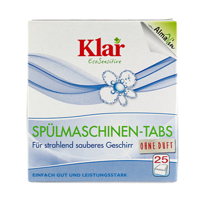 Tablettes lave-vaisselle écologiques vegan KLAR Brand Eco Sensitive Europe, 25 pièces, sans parfum, pour une vaisselle étincelante, détergent bio - Product Image 1