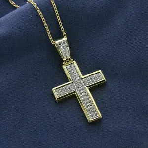 14K Yellow Gold Plated 925 <b>Silver</b> Pendant Chain with Round Cut Moissanite Diamond Cross Shape Vintage <b>Charm</b> for Gifts - Product Image 1
