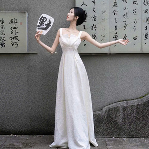 [2025] Élégant blanc Style français Maxi robe Double sangle une ligne fluide longue robe été nouveau Design sans manches robe de soirée de bal - Product Image 2