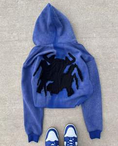 Sudadera con cremallera unisex personalizada de fabricante OEM, sudadera con estampado alto de diamantes de imitación desgastados bordados de algodón 100% - Product Image 4