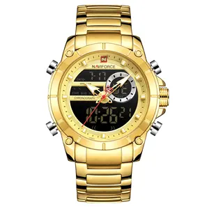 NAVIFORCE 9163 Men Sport Wrist Watch Quartz Steel Waterproof Dual Display Male Clock Watches Relogio Masculino Gold Glass SEIKO