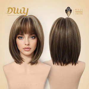 Jean Plus -DWY Glueless Synthetic <b>Wig</b> Gen 2 Large Realistic Scalp <b>Short</b> Straight Brown with Blonde Highlights Bangs - Product Image 5