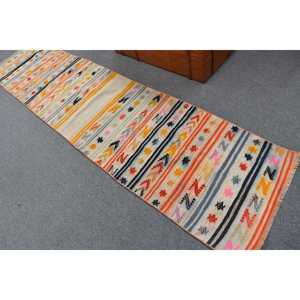 Alfombra Turca, Alfombra de Pasillo de 2.4x10.1 pies, Alfombra de Lana Kilim Naranja y Blanca - Product Image 4