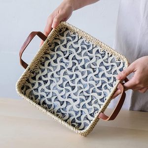 Hot Selling Rattan <b>MOP</b> Square Serving Tray with Leather <b>Handle</b> for Table and Kitchen Wares Direct Wholesale From Vietnam - Product Image 4