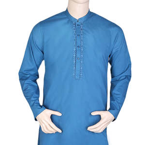 Shalwar Kameez brodé pour homme, col bandoulière - Bleu acier - Product Image 4
