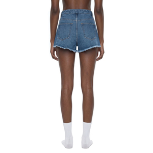 Shorts de mezclilla de tiro alto para mujer, con efecto desgastado, lavado vintage, corte ajustado y detalle de lazo. - Product Image 6