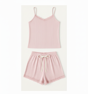 New Arrival Women Knee Skinny Ribbed Knit Lace Trim Camisole Shorts Pajama Set Soft Casual for Wear Wholesale Factory Direct - Product Image 5