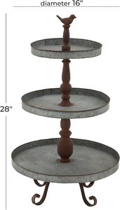 Soporte de bandeja redonda de metal plateado texturizado con escultura decorativa de pájaro de metal y pies enrollados. - Product Image 4