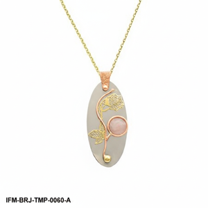 Collier pendentif ovale en métal mélangé tricolore fait à la main, design floral artisanal en or rose et argent sur pierre grise mate - Product Image 2