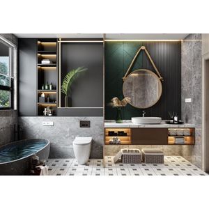 Specchio da Bagno in Vetro Wenge Vintage con Scrivania e Sedia, Combinazione Lavabo e Mobile da Bagno - Product Image 6