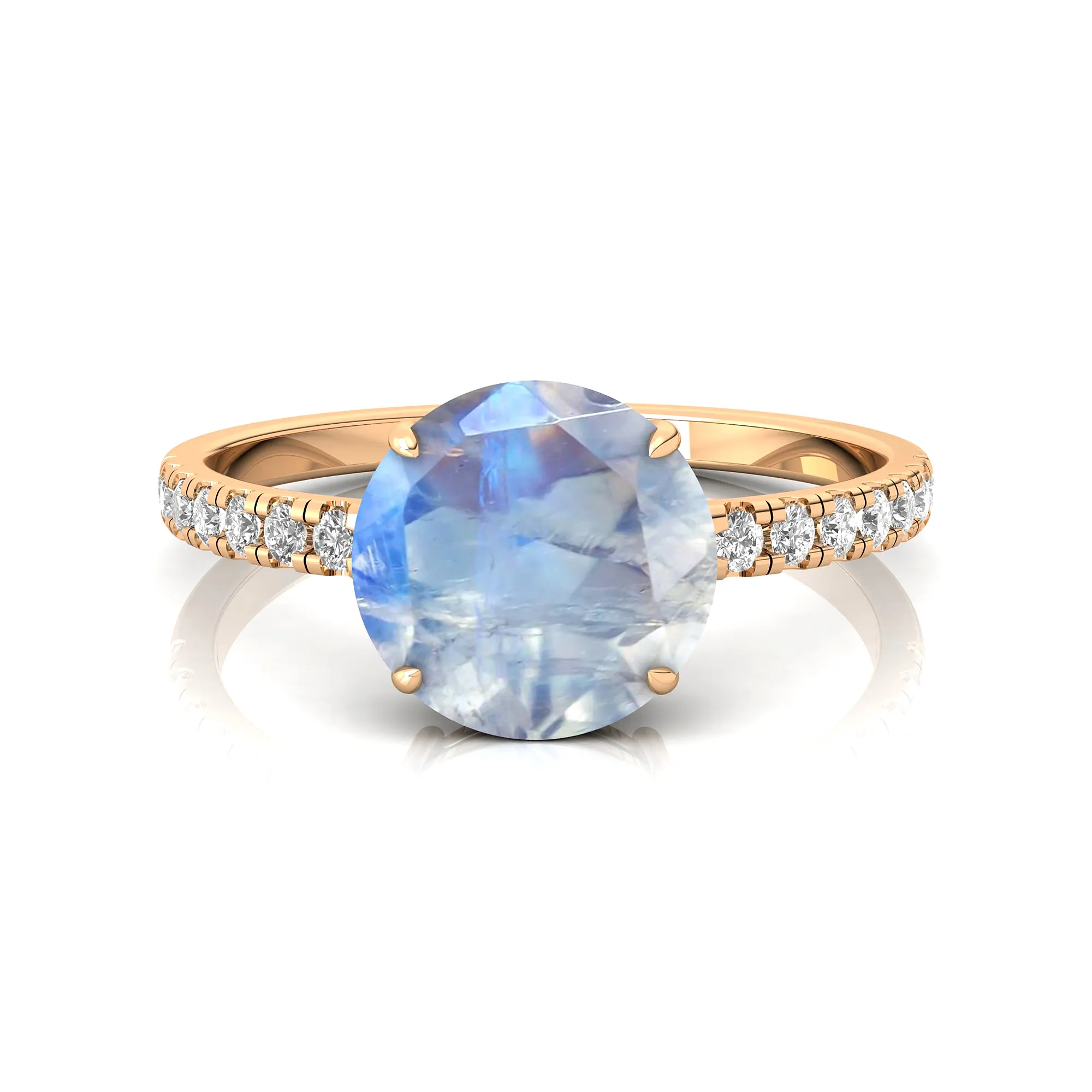 Classic Designer Round Faceted Cut Natural Rainbow Moonstone & White Solitaire Diamond Halo Solitaire Rings in 18K Solid Gold