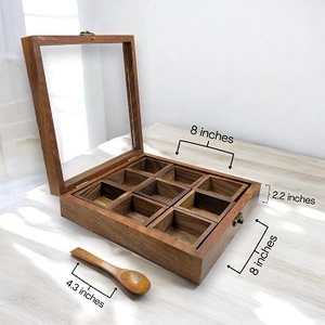 Caja de especias indias de madera con cuchara Masala Dabba Caja de madera Masala Namak Daani Sheesham Organizador de especias de madera Containe - Product Image 5