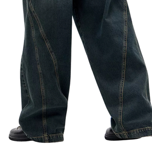 <b>Mens</b> Vintage Washed Breathable Midweight Mid Waist Wide Leg Denim Pants Loose Fit Solid Dark Blue Cotton Casual Streetwear - Product Image 5
