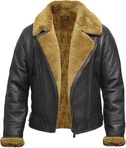 Custom logo <b>Genuine</b> Sheepskin Leather Brown Plus Size Bomber Jacket for Men Winter Warm Shearling Flight B3 Bomber Pilot Jacket - Product Image 4
