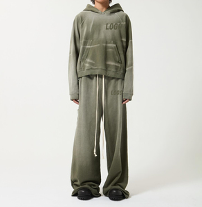 Conjunto Deportivo de 2 Piezas para Hombre, Chaqueta y Pantalones Deportivos con Capucha, Estilo Urbano, Lavado Ácido, Decolorado por el Sol, Bordado Desgastado, de Algodón - Product Image 1