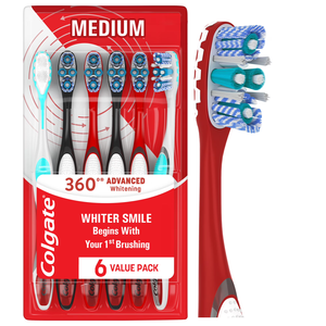 Cepillos de Dientes Colgate 360 Advanced Whitening Medium, Paquete de Cepillos de Dientes Manuales, 6 Unidades - Product Image 1