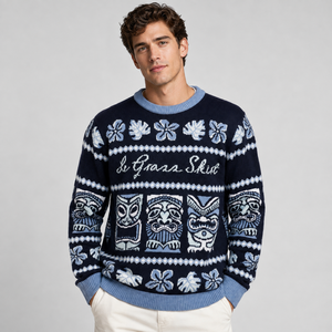 Pull de Noël Homme Bleu Tricoté Jacquard Motif Masque Tiki Hibiscus – Tricot Festif Tropical Personnalisable OEM - Product Image 1
