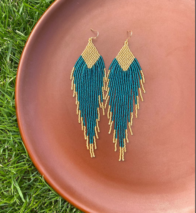 <b>Emerald</b> Gold Earrings Long Green Seed Bead Earrings Bohemian Earrings Boho Bead Earrings Dangle - Product Image 1