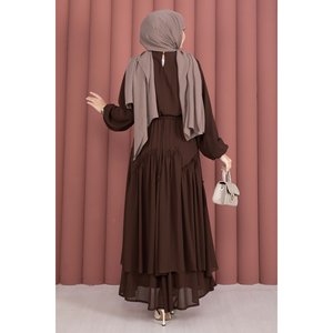 Vestido Asimétrico de Gasa con Volantes, Estilo Modesto con Cintura Imperio, Color Marrón - Product Image 5