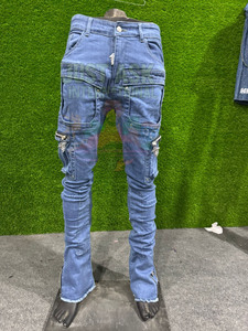 Trending Men Denim Cargo Jeans Streetwear Washed Blue Stacked Fit with Multi-Pockets Exposed Zippers and <b>Ankle</b> Zips Denim Pants - Product Image 2