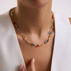 Collar de Piedras Preciosas Coloridas de Esmeralda, Rubí y Zafiro, Plata de Ley 925, Chapado en Oro de 14K - Product Image 4