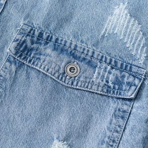 Camisa vaquera rasgada en negro y azul Vintage para hombre, manga larga con agujeros y bolsillos, prendas de vestir exteriores holgadas, lona de algodón - Product Image 2