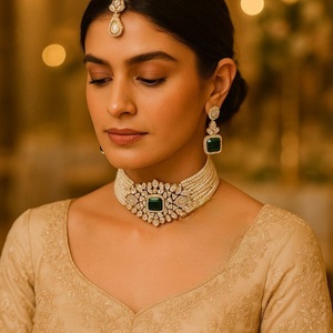 Conjunto de Collar Gargantilla con Perlas y Piedras Chapadas en Oro de Alta Calidad, con Aretes, Colección para Bodas, para Mujer - Product Image 1