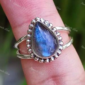 Dainty 925 Sterling <b>Silver</b> Labradorite <b>Ring</b> Boho Birthstone Jewelry with Natural Pear-Shaped Gemstone Handmade with <b>Garnet</b> Stone - Product Image 3