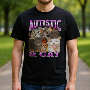 T-shirt promozionale con grafica bootleg di meme di gatti autistici e gay, con design unico - Product Image 3