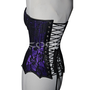 Corset surbuste à baleines spirales en satin violet avec superposition de dentelle florale noire, vente en gros |   Corsets sur mesure par Cosh Intl - Product Image 5