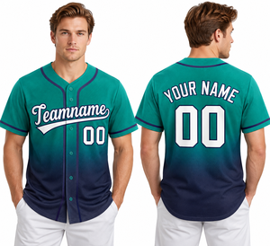 Maillot de baseball Teamname vert marine dégradé à manches courtes boutonné pour homme adulte 100 % polyester anti-humidité - Product Image 6