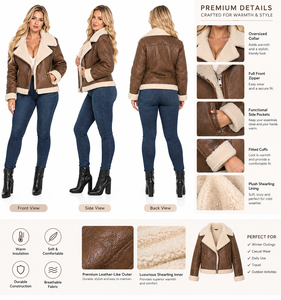 Women's Faux Shearling <b>Lined</b> PU Leather Waterproof Casual Winter Jacket Zip-Up Moto <b>Coat</b> Stand Collar Sleeve Zip Pocket - Product Image 5