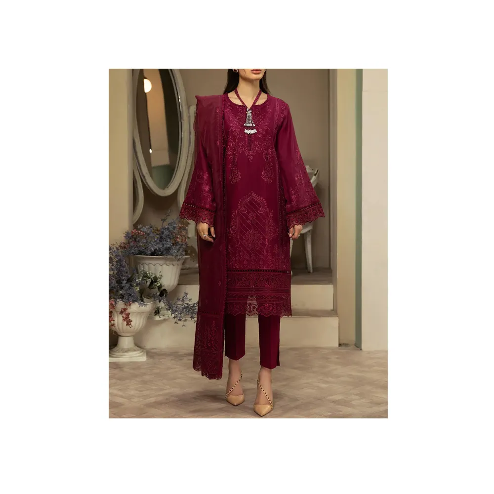 Maroon cor mais recente desenhos moda senhoras shalwar kameez e dupatta gramado ternos bordados no atacado