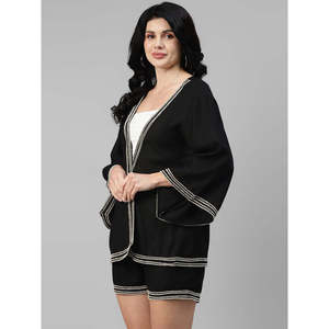Deebaco Women's <b>Black</b> 2 Piece Co-Ord Set V-Neck 3/4th Sleeves <b>Sequined</b> Trim Loose Fit Casual Blazer With Short Summer Outfits - Product Image 2