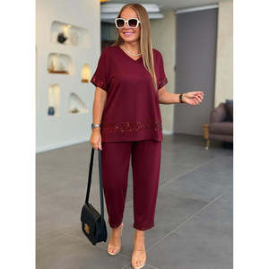 Women's Short-Sleeved V-Neck <b>Sequined</b> Viscose Two-Thread Blouse and <b>Pants</b> Two-Piece Set, 36143 - Burgundy - Product Image 3