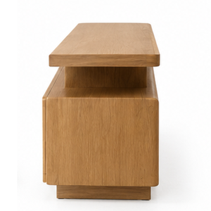 Meuble TV moderne en bois massif avec plateau flottant long, portes de rangement et étagère ouverte – Style minimaliste pour salon - Product Image 3
