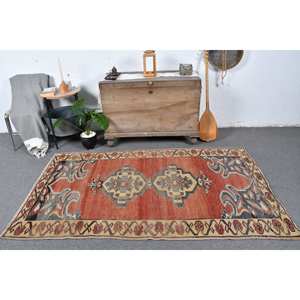 Vintage Turkish Rug Large Rectangle Area 3.9 X 6.7ft Classic <b>Red</b> Beige Abstract Patchwork Wool <b>Latex</b> for Teens Hallway Use - Product Image 1