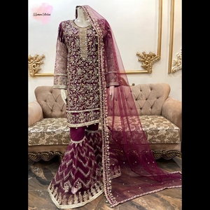 Sumaira Collection Eid Collection New Pure Net Broderie Pierres Perles Chemise de travail Brodée Dupatta Gharara Incroyable Pakistanais - Product Image 4