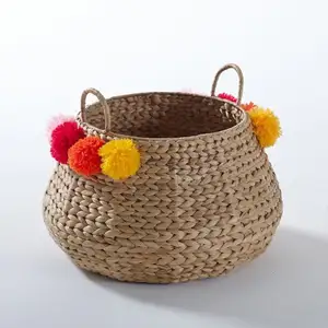 Pompom with Woven Water Hyacinth storage baskets with handles for plant holder basket seagrass laundry basket straw Organizer