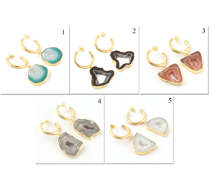 Beautiful Pair Genuine Black Geode Agate Slice Druzy Designer <b>Hoops</b> Brass Gold Electroplated Edged Hanging <b>Huggie</b> <b>Hoop</b> Earrings - Product Image 2