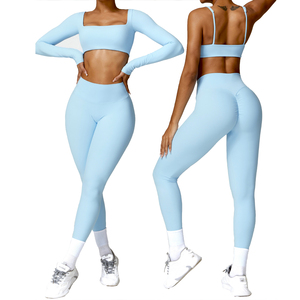 Logotipo personalizado Control de barriga Gimnasio Crop Tank Top Racerback Entrecruzado 2PCs Sujetador Leggings Yoga Wear Conjuntos de entrenamiento acanalado para Tallas grandes - Product Image 1