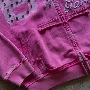 Sweat à capuche personnalisé en coton French Terry lourd, coupe courte, vintage, délavé au soleil, zippé, avec strass, pour homme - Product Image 2