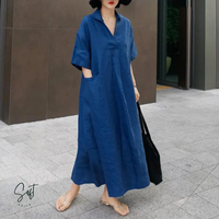 Robe Kaftan Femme 100% Coton Coupe Droite Col V Longue Été Taille Naturelle Unie Style Bohème Écologique Silhouette Évasée