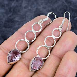 Pendientes hechos a mano de Plata de Ley 925 con Topacio rosa, gota larga, forma de pera, piedras preciosas chapadas en plata para bodas cristianas - Product Image 3