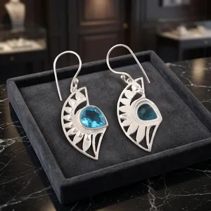 Niharika Gems Women's 925 Silver Bohemia Drop <b>Earrings</b> Geometric Pattern Swiss <b>Blue</b> <b>Topaz</b> Bezel Setting Everyday Wear - Product Image 4